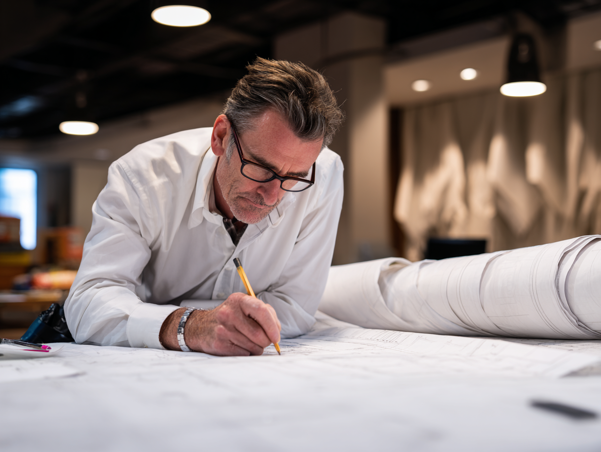 Architect reviewing blueprints and building code documents with soundproofing materials